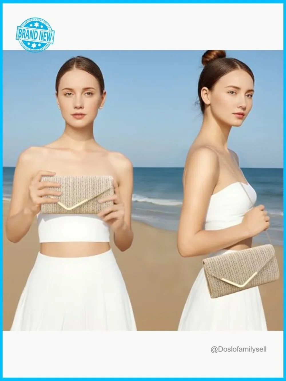 Straw Clutch Purse Woven Beach Evening Bag Boho Envelope Chain Shoulder Handle
